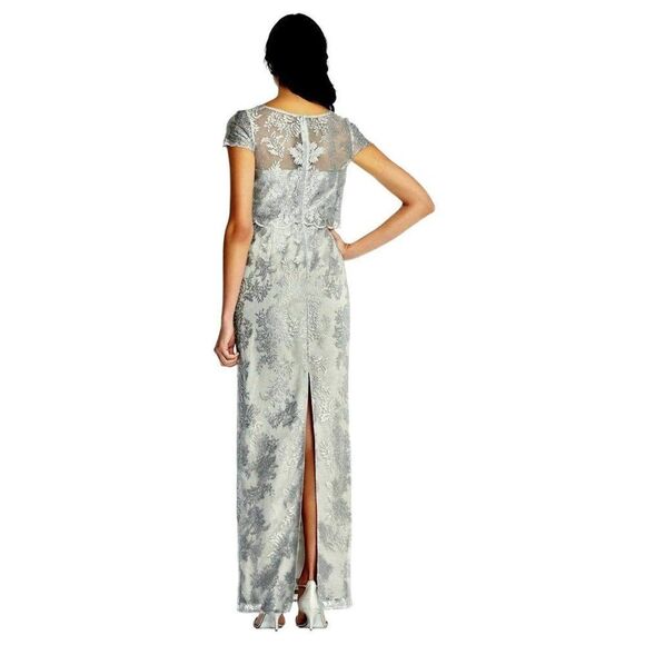 Adrianna Papell 2 Ornate Embroidered Floral Metallic Bateau Illusion Column Gown - Picture 4 of 10